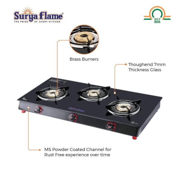 SURYA FLAME Glass Top Gas Stove 3 Burner